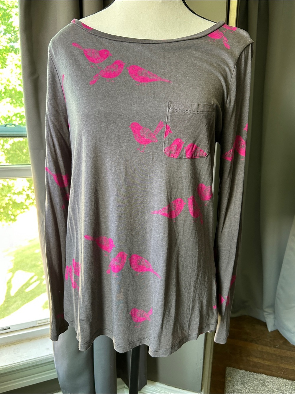 Boden Gray Long Sleeve Tee with Pink Bird Print